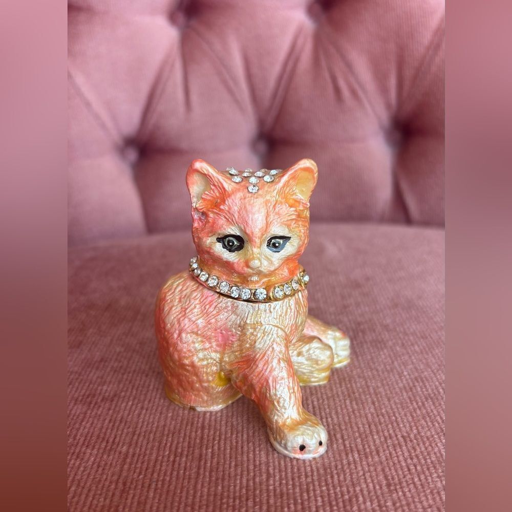 Jeweled Cat Trinket Box | Rhinestone Enamel Hinged Keepsake Figurine